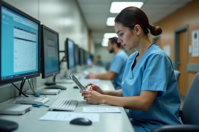 Infirmière consultant un dossier patient sur tablette numérique dans un couloir d'hôpital moderne, illustrant les systèmes de communication en santé