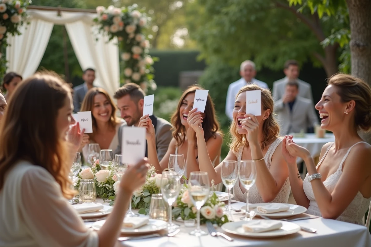 Invités de mariage tenant des cartes de mois et riant lors du jeu des 12 mois dans un jardin fleuri avec un groupe de musique en arrière-plan