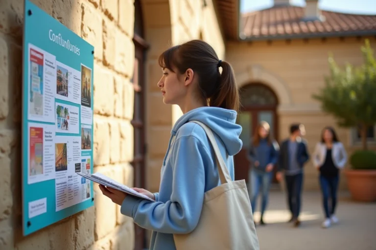 Jeune étudiante consultant un tableau d'orientation universitaire devant un bâtiment en pierre d'un campus en Occitanie