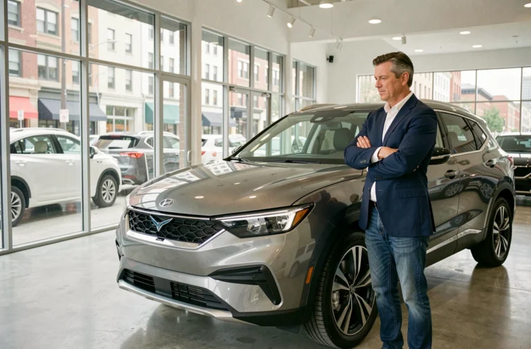 Journaliste automobile examinant un SUV moderne dans une concession automobile contemporaine