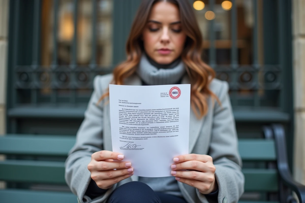 Femme tenant une lettre de refus officielle devant une mairie française, demande de date de mariage rejetée