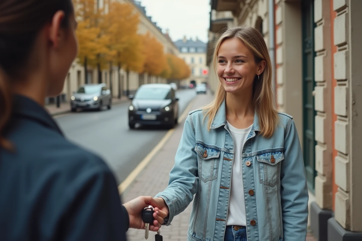 Femme remettant les clés de sa voiture à un locataire devant un immeuble parisien dans le cadre d'une location entre particuliers