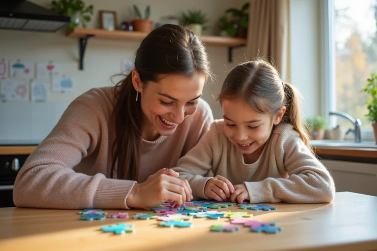 Maman et fille jouent ensemble au puzzle dans la cuisine