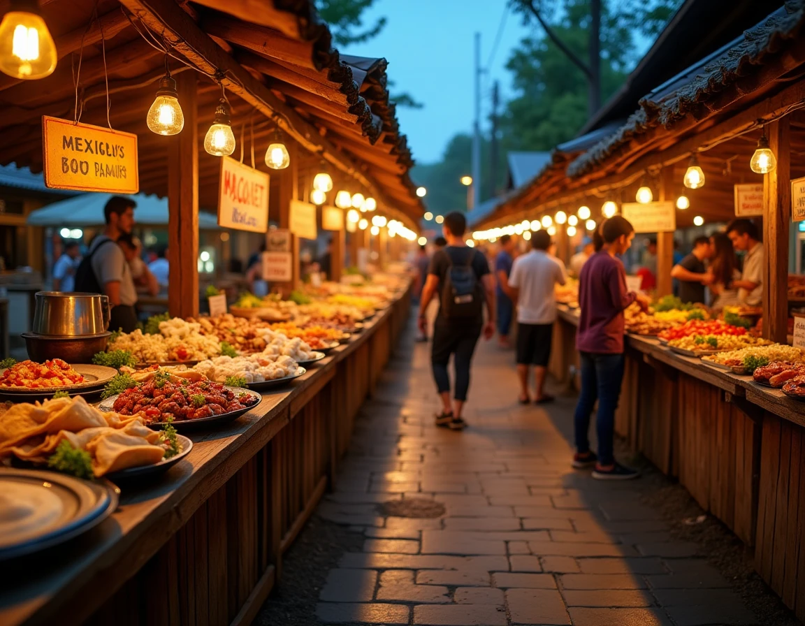 Marché de rue animé au crépuscule en Asie du Sud-Est avec des stands de plats internationaux dont tacos mexicains, bánh mì vietnamien et mezze libanais
