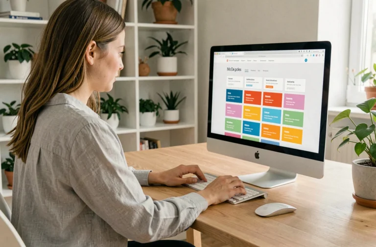 Jeune femme naviguant sur un site web bien structuré depuis un bureau en bois dans un espace de travail moderne