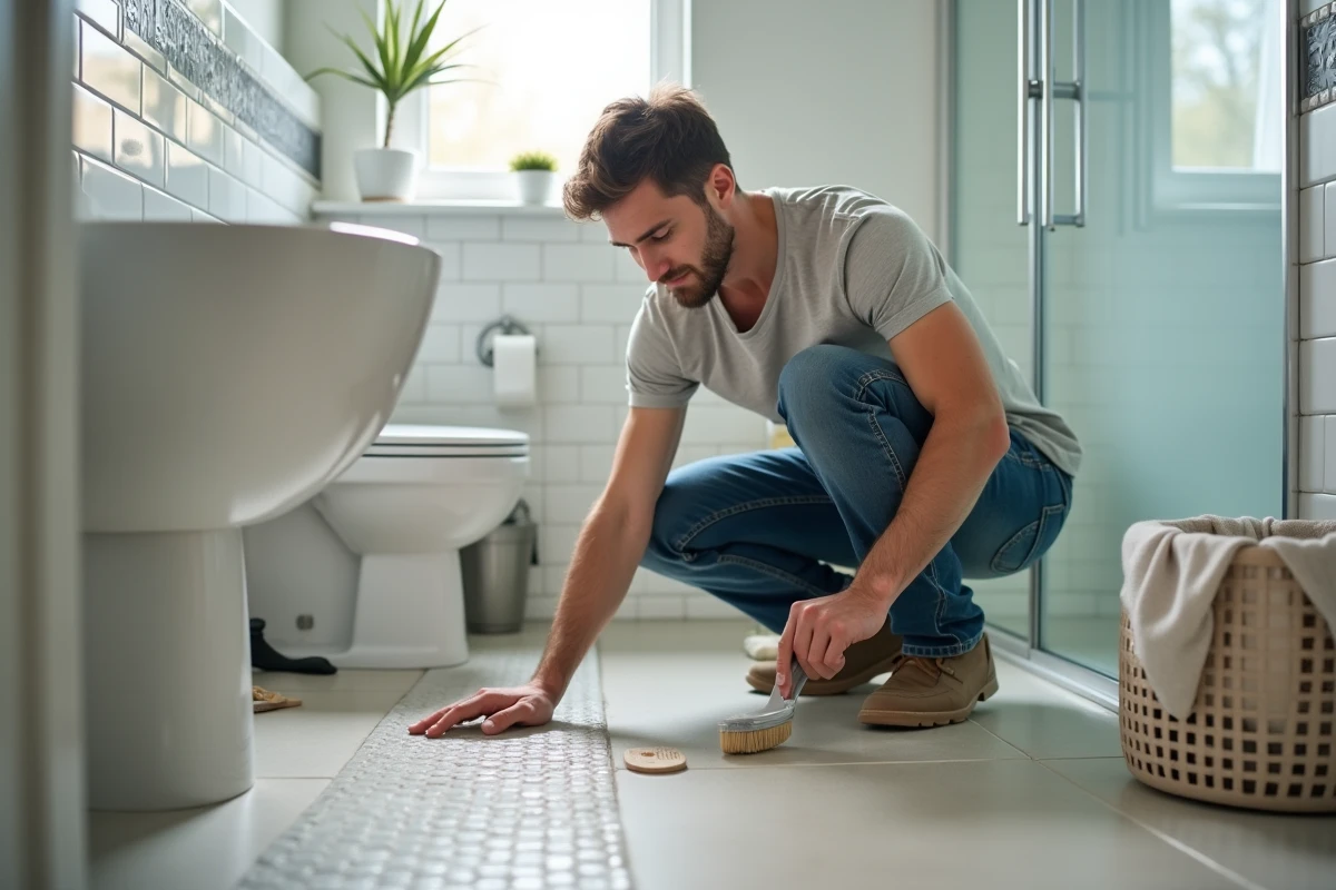 Homme nettoyant une jointure de carrelage dans la salle de bain