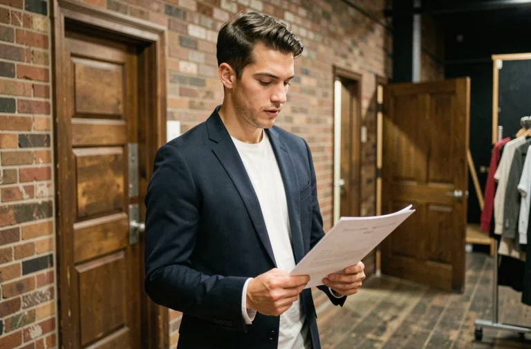 Jeune acteur masculin consultant un script dans les coulisses d'un théâtre, évoquant le parcours et les débuts d'un comédien prometteur