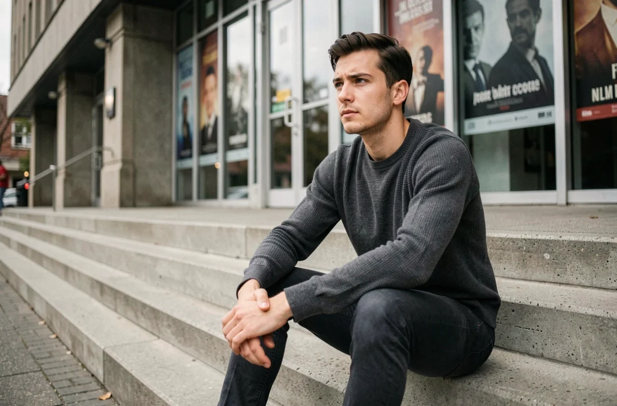 Acteur assis devant une salle de cinéma urbaine, portrait éditorial illustrant l'ascension d'un jeune comédien dans le milieu du cinéma français