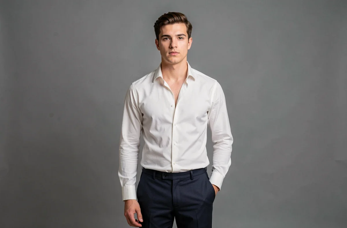 Portrait studio professionnel d'un jeune acteur masculin en chemise blanche, image éditoriale pour illustrer le parcours et la carrière d'un comédien en pleine ascension