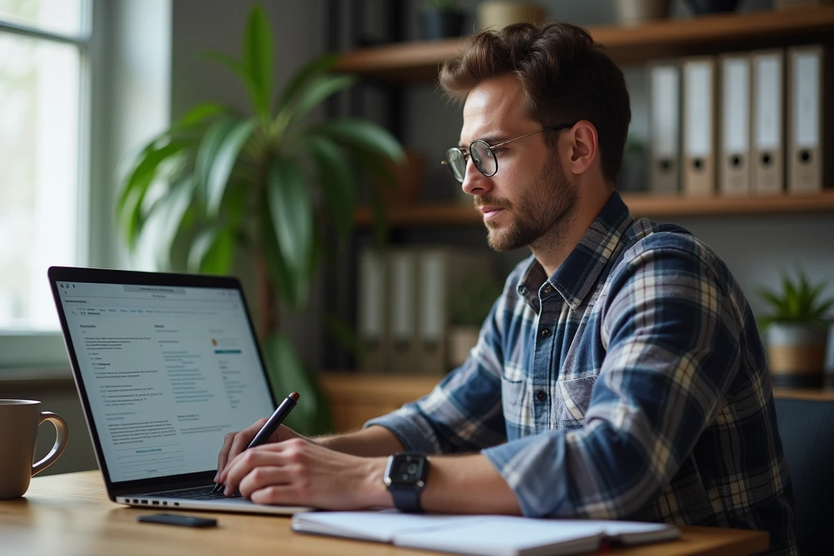 Homme remplissant un questionnaire de panel consommateur en ligne sur son ordinateur portable dans un bureau à domicile