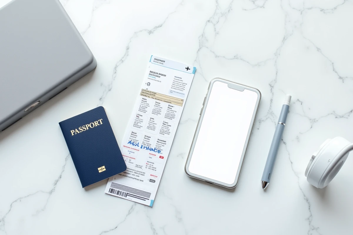 Passeport, billet d'avion Ryanair imprimé et stylo posés sur une surface en marbre blanc pour illustrer les frais de changement de nom