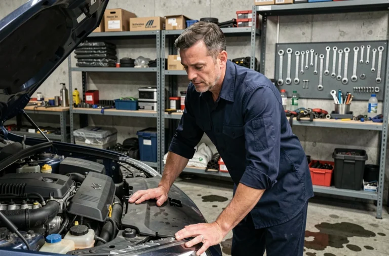 Passionné d'automobile inspectant le moteur d'une berline européenne dans un garage privé bien équipé
