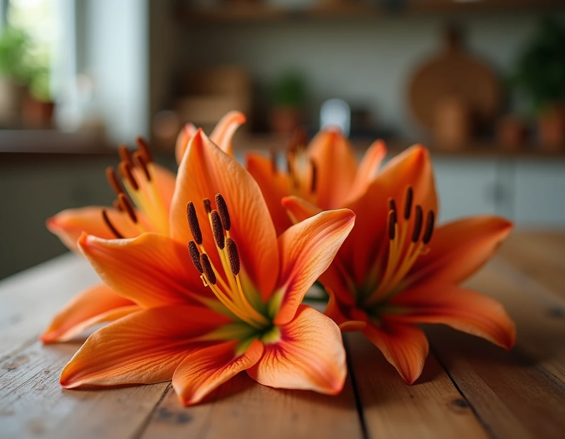 Gros plan sur les étamines chargées de pollen d'un lys asiatique aux pétales orangés, révélant les particules toxiques en suspension