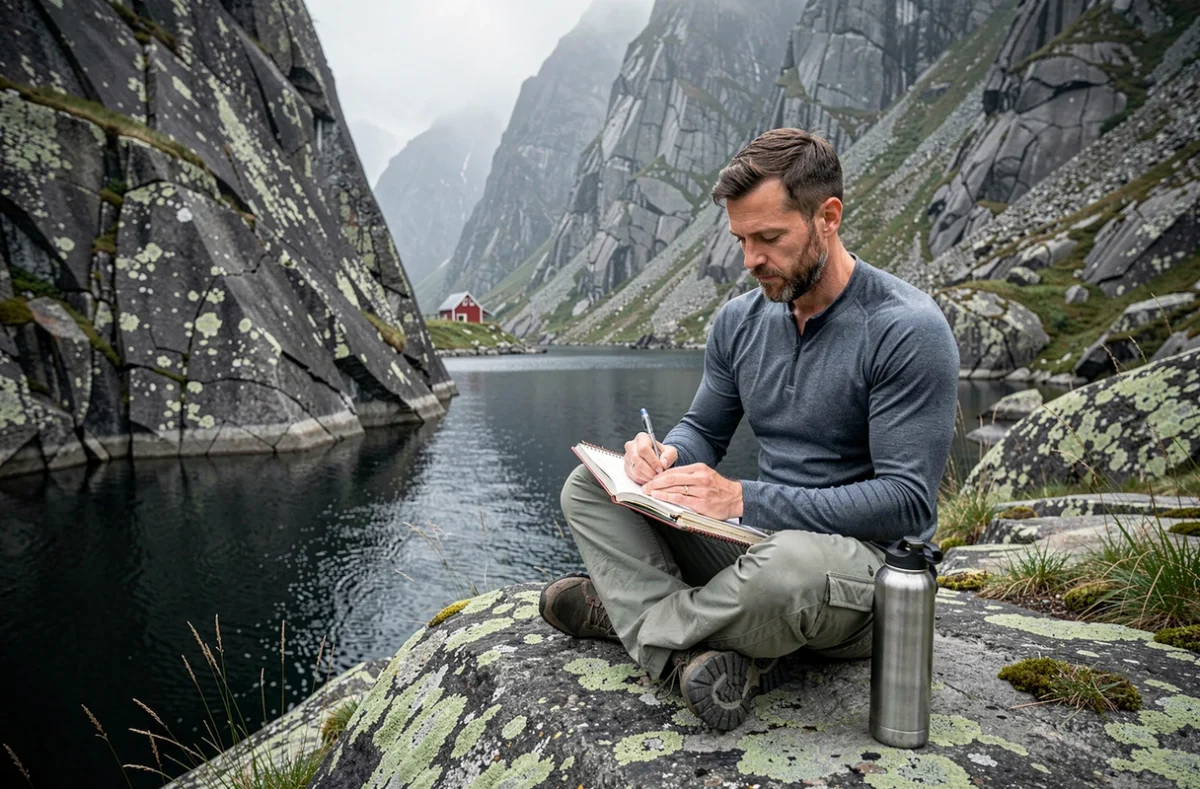 Randonneur solitaire écrivant dans son carnet de voyage assis sur un rocher face à un fjord norvégien entouré de falaises de granit