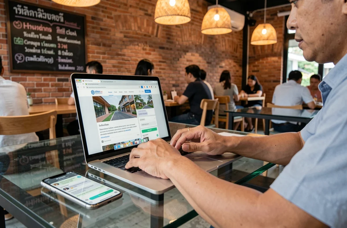 Homme thaïlandais recherchant et vérifiant des annonces de location de logement en ligne dans un café de Bangkok