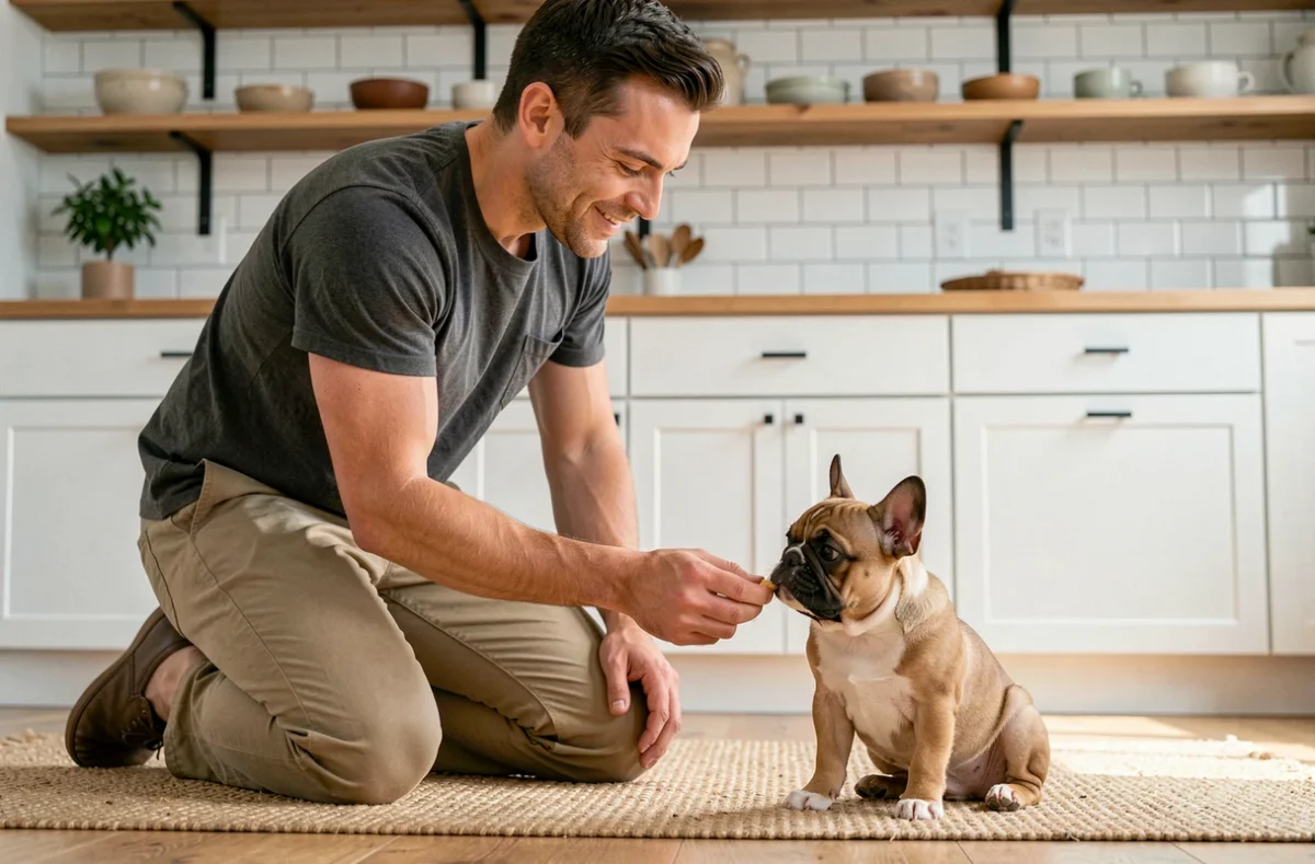 Homme récompensant son chiot bouledogue français avec une friandise lors d'un exercice de propreté dans la cuisine