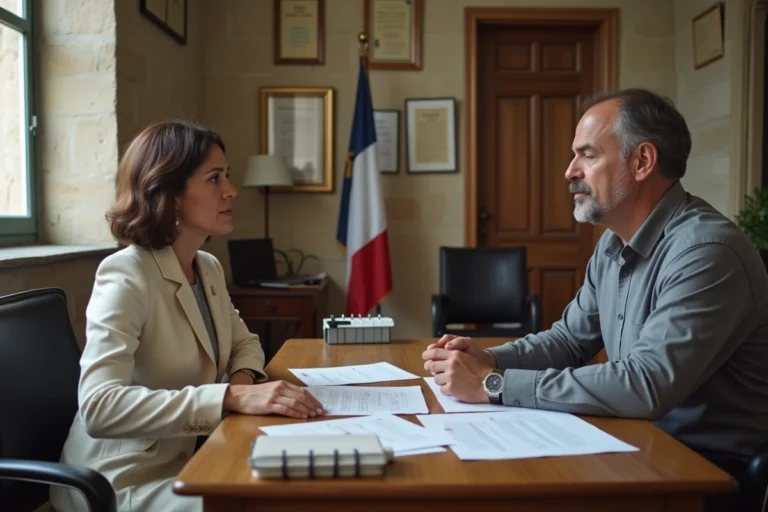 Femme consultant un agent de mairie au sujet d'une date de mariage refusée, bureau administratif avec documents officiels