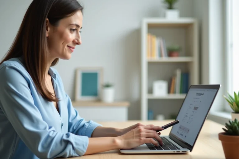 Femme effectuant une réservation de voyage en ligne avec paiement en plusieurs fois sur son ordinateur portable