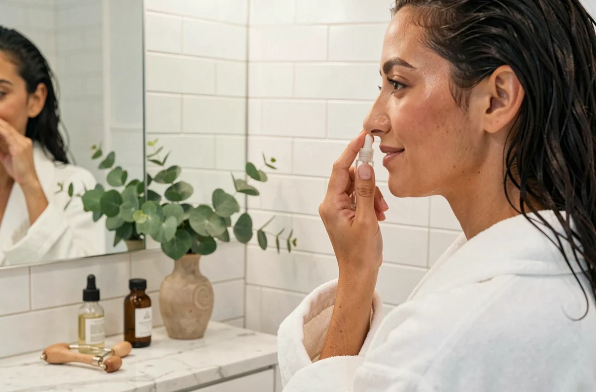 Femme aux 30 ans appliquant un sérum naturel devant son miroir de salle de bain pour une routine beauté quotidienne