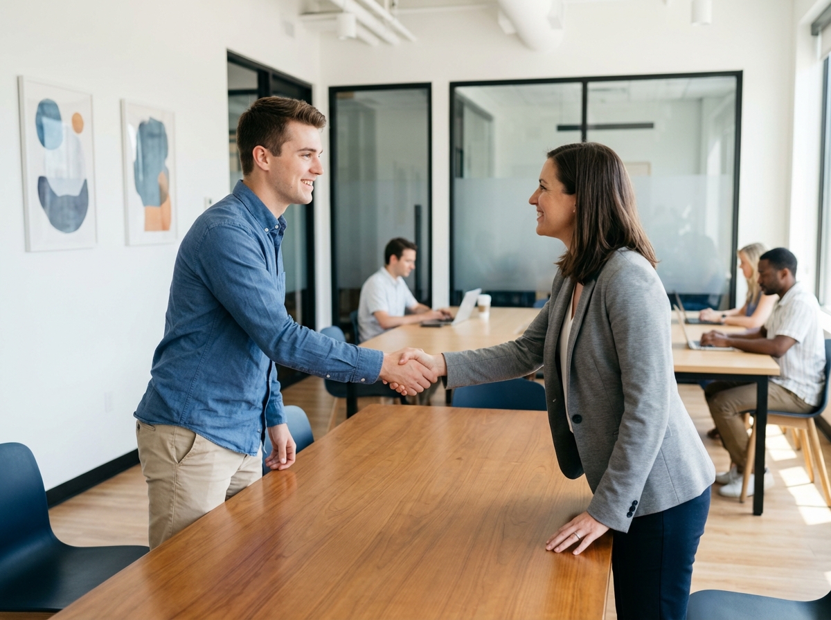 Homme et professionnel serrant la main dans un espace moderne