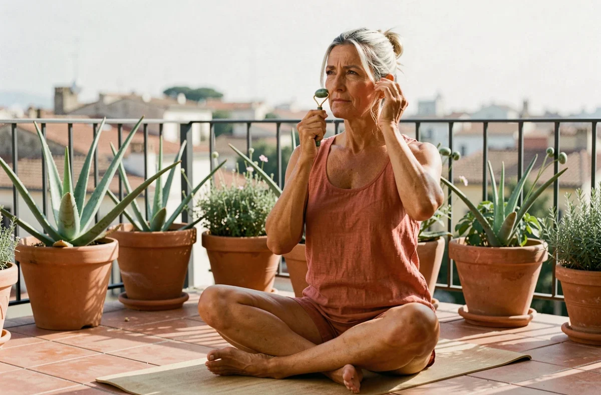 Femme mature utilisant un rouleau jade sur son balcon ensoleillé dans le cadre d'une routine beauté naturelle au quotidien