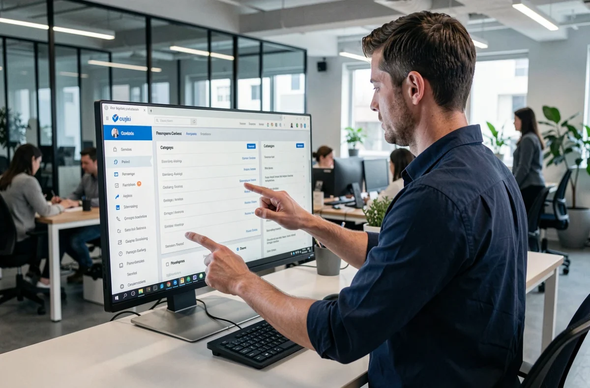 Homme en chemise bleue consultant la structure de navigation d'un site web sur un écran ultrawide en open space