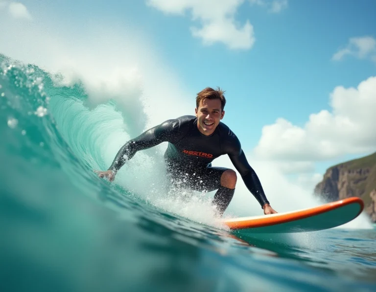 Surfeur masculin en combinaison noire et orange chevauchant une grande vague en mer lors d'une activité nautique estivale
