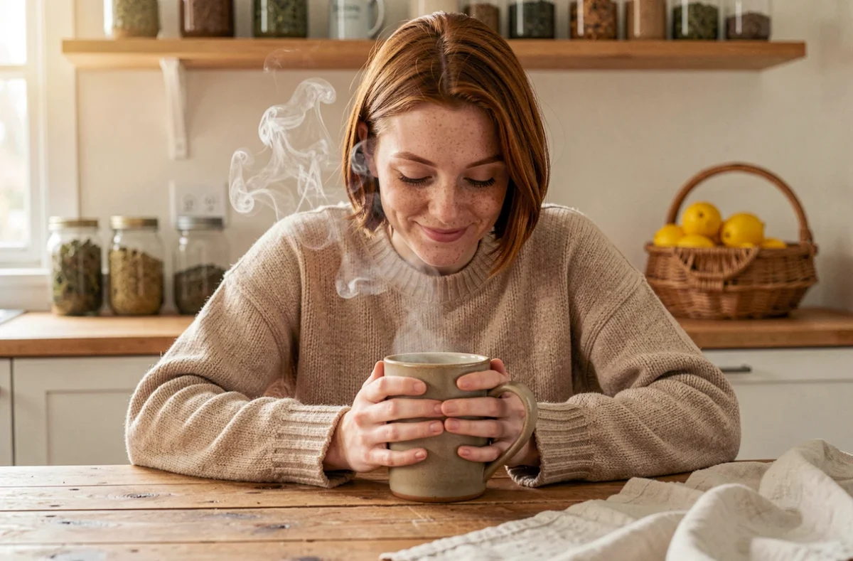 Jeune femme savourant une tisane aux herbes dans sa cuisine en bois dans le cadre d'une routine beauté naturelle et bien-être