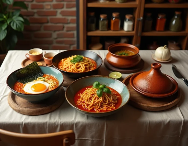 Table dressée avec des plats du monde entier dont ramen japonais, curry indien, pasta italienne et tajine marocain sur fond de cuisine urbaine en briques