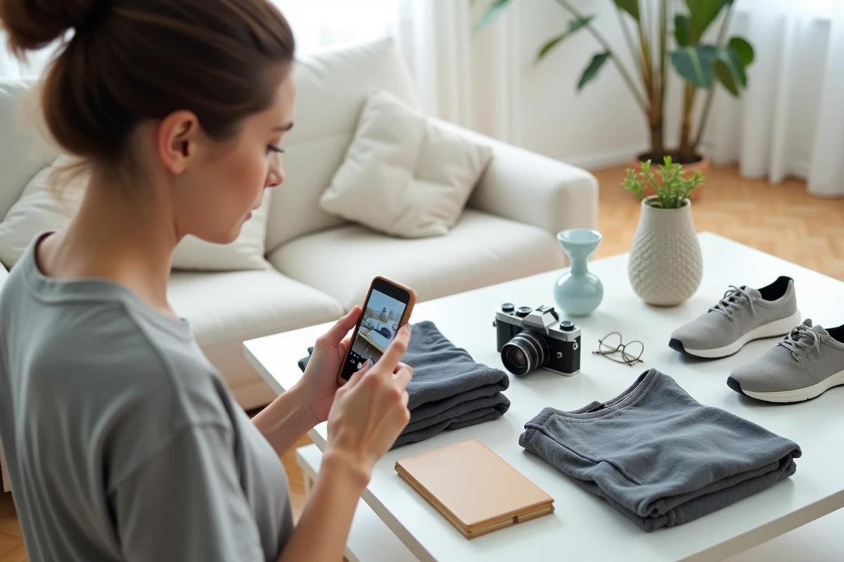 Femme photographiant des objets de seconde main sur une table blanche pour les vendre sur une plateforme spécialisée en ligne