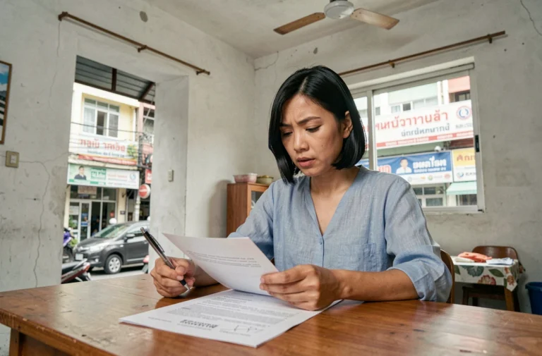 Femme thaïlandaise lisant attentivement un contrat de location d'appartement à Bangkok avant de signer