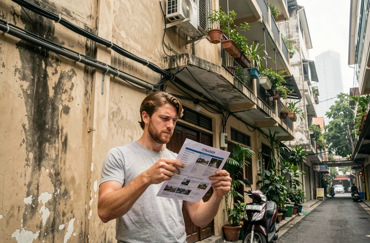 Expatrié occidental comparant une annonce immobilière à la réalité d'un immeuble locatif dans un quartier de Bangkok