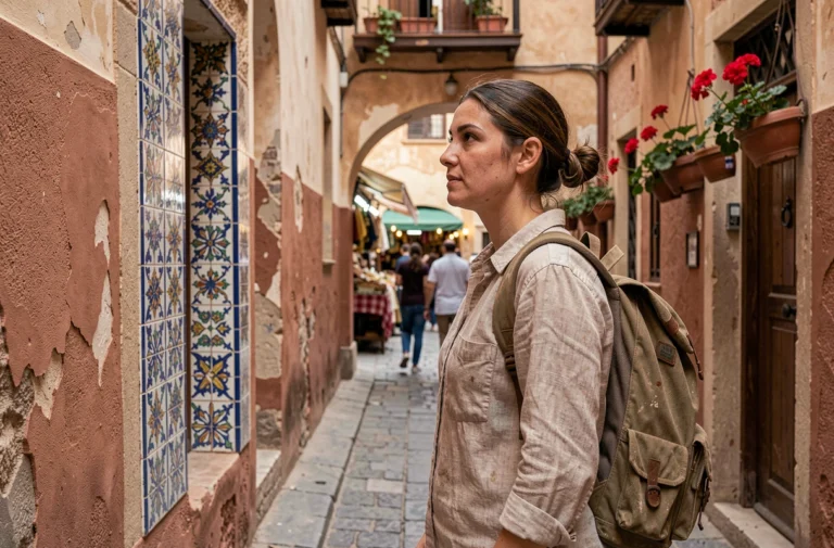 Voyageuse explorant une ruelle pittoresque d'une médina marocaine avec son sac à dos, découvrant les détails architecturaux traditionnels